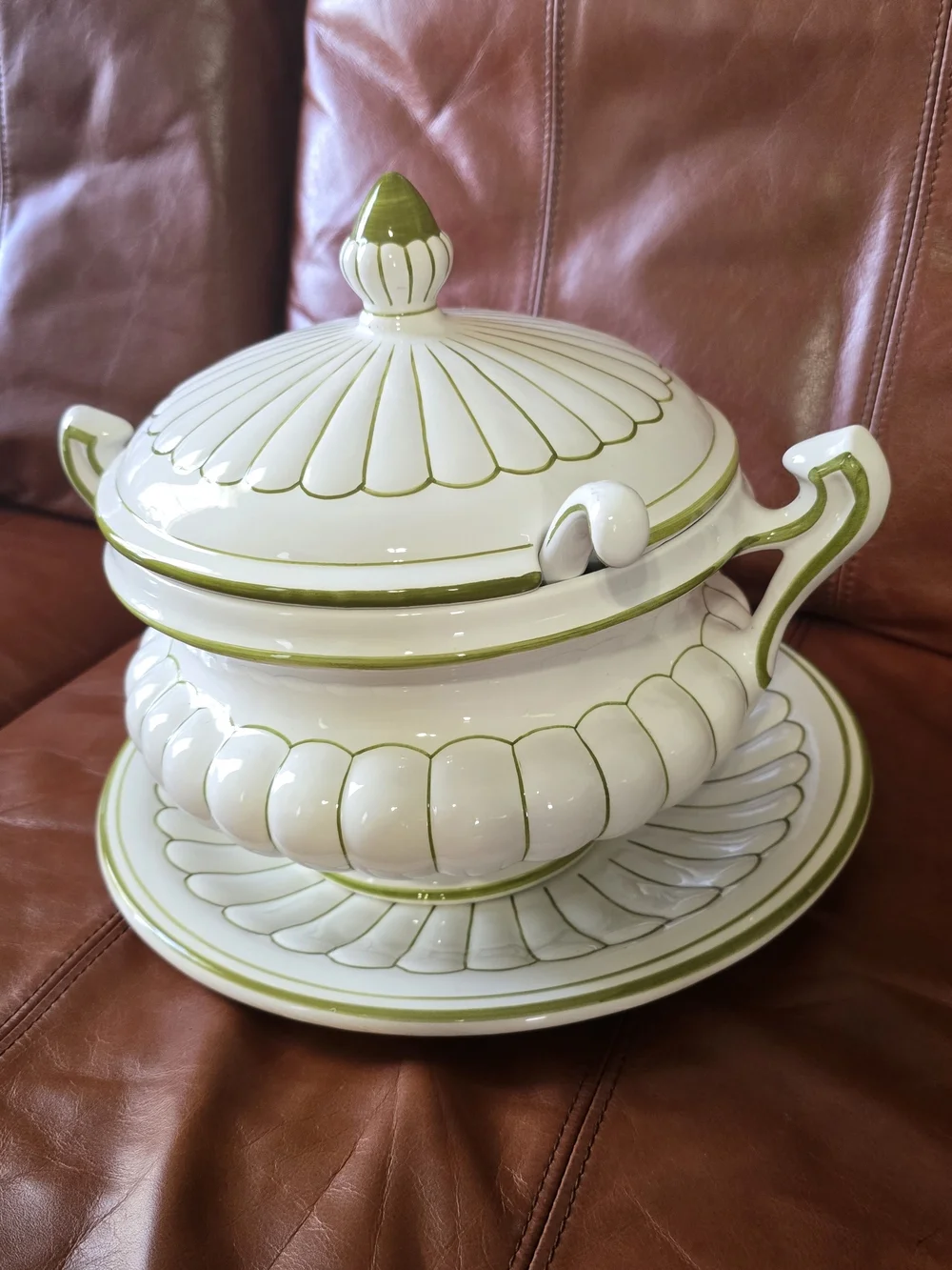 White and Olive Green Lidded Tureen with Underplate